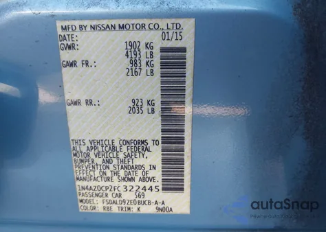 2015 Nissan Leaf Sv из США, поврежденный, VIN 1N4AZ0CP2FC322445